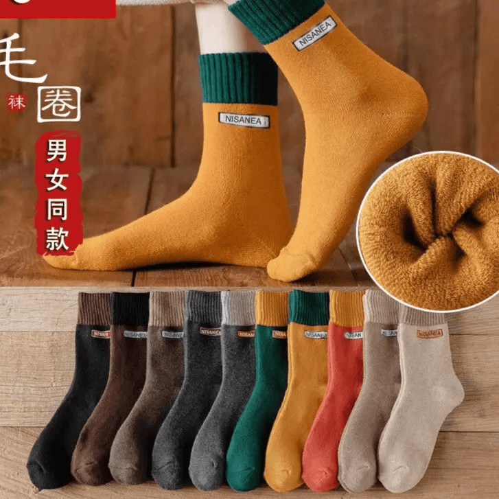 【5双装】时尚拼色毛圈袜 秋冬加厚保暖中筒袜子男女同款加绒学生