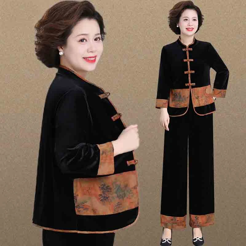 新中式中国风女装中老年妈妈装复古民族风唐装盘扣上衣金丝绒套装