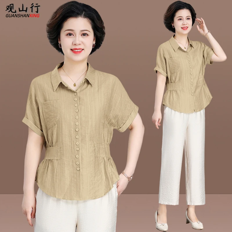 洋气收腰衬衫短袖女中老年夏季薄款上衣中年妈妈夏装2024新款套装