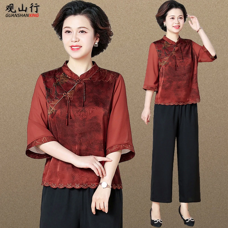 60岁妈妈夏装新款七分袖上衣国风中老年女夏季雪纺套装母亲节礼物