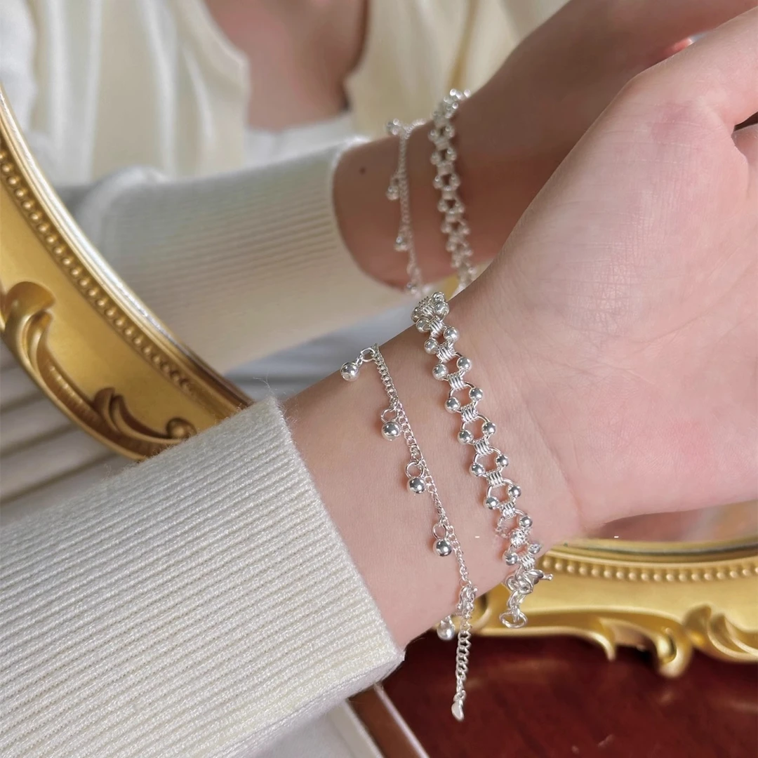 足银手链 足银999双珠葡萄手链纯银圆珠铃铛手链叠戴清冷小众高级