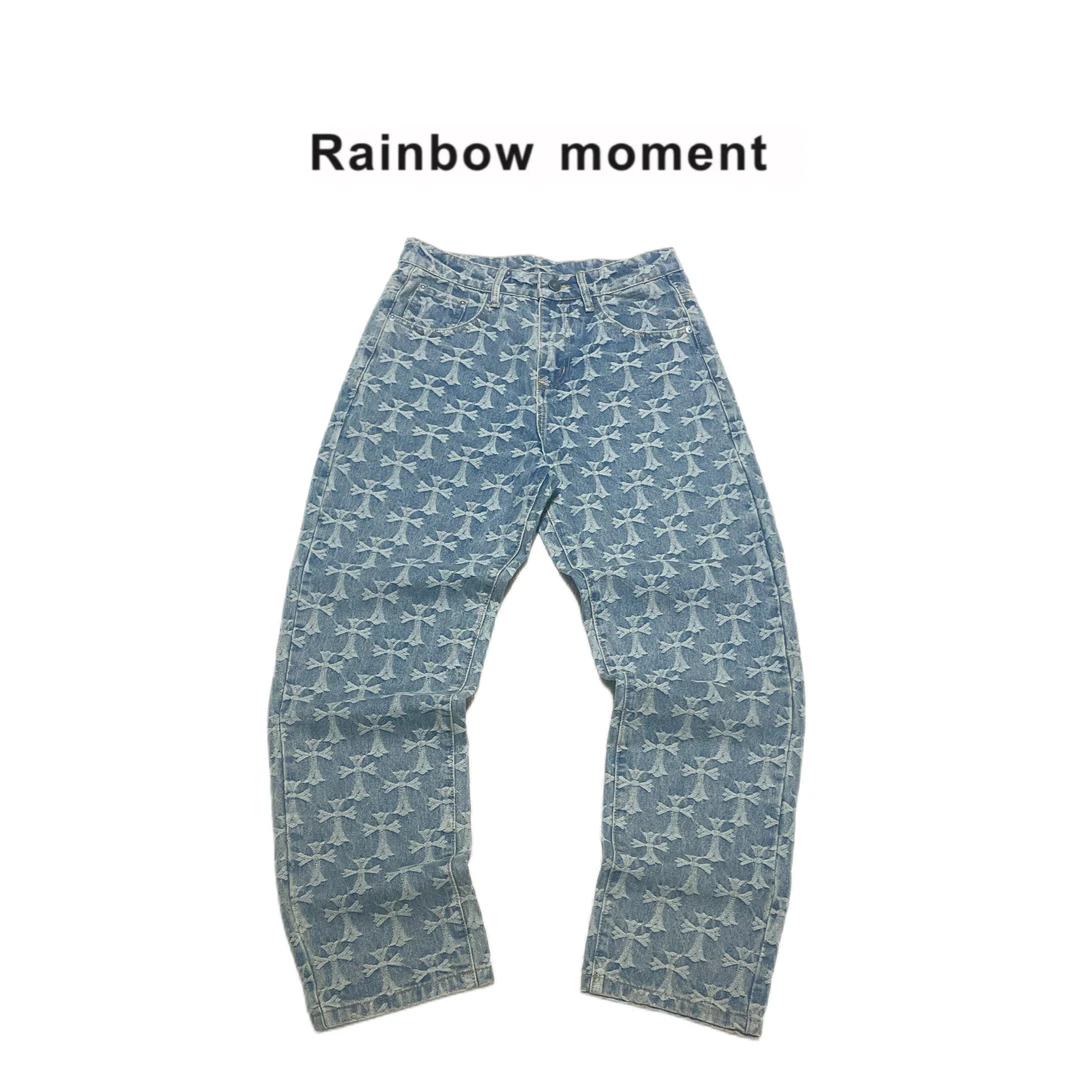 【十字架】美式复古做旧十字架牛仔裤直筒满印提花长裤