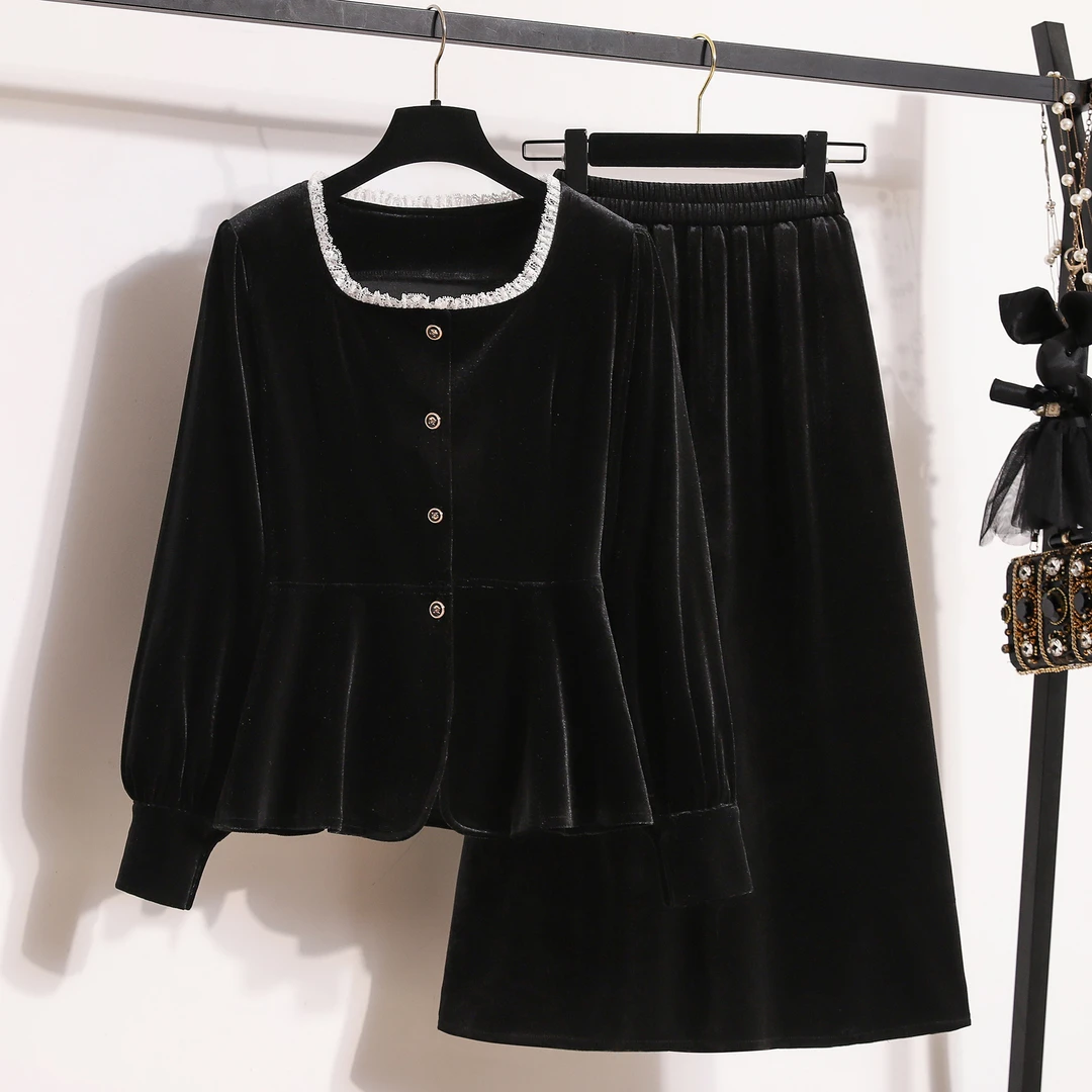 2025秋装金丝绒两件套裙女大码胖mm设计感蕾丝法式方领上衣半身裙