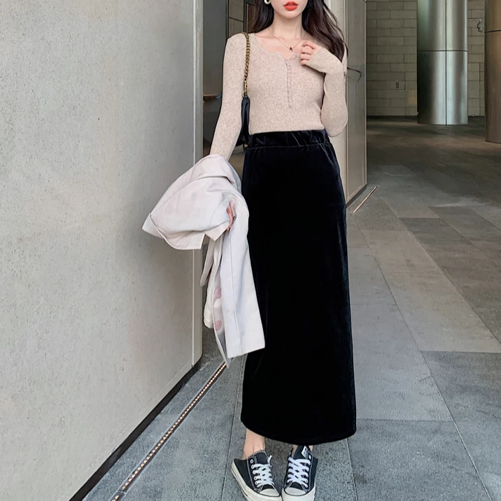 春秋新款韩版贵气垂感金丝绒半身裙女心机后开叉直筒包臀裙长裙潮