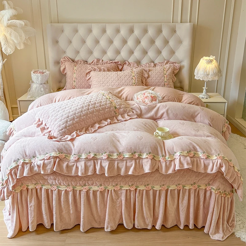 爱梦妮冬季牛奶绒韩版公主风床盖四件套花边刺绣床盖牛奶绒加厚