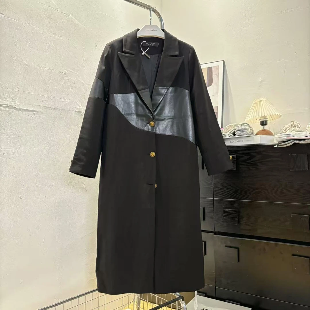 春秋设计感前片拼接长款西装款风衣4674