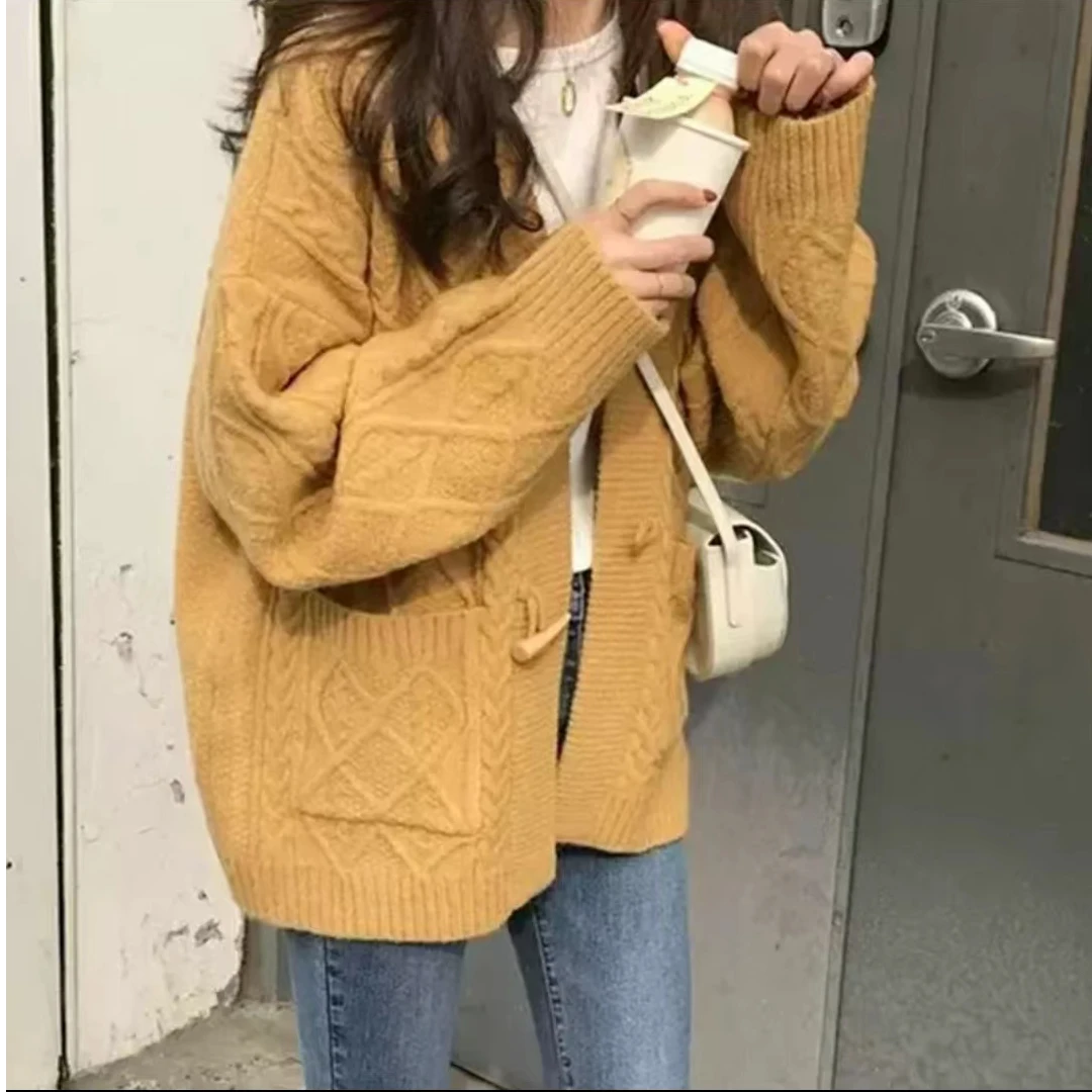 秋冬V领慵懒风麻花牛角扣开衫毛衣外套4436