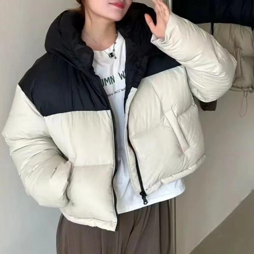 1396冬季拼色连帽短款宽松羽绒服