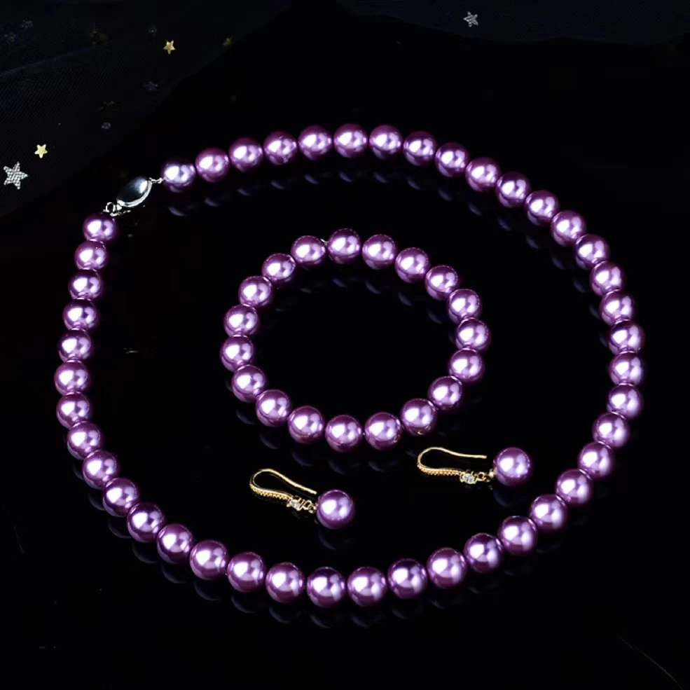项链 三件套紫色10mm款WW项链手链耳饰