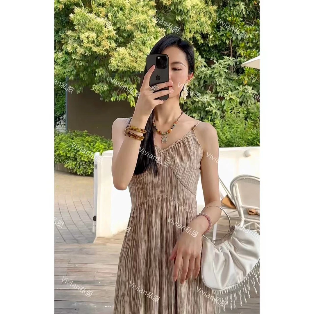 Vivian·【染夏】香槟色新中式串珠肩带吊带显瘦小众女装连衣裙女