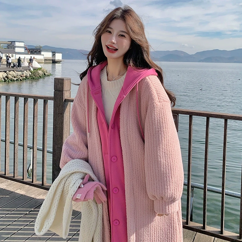 粉色假两件连帽毛绒大衣2024新款女冬韩版中长款超好看宽松厚外套