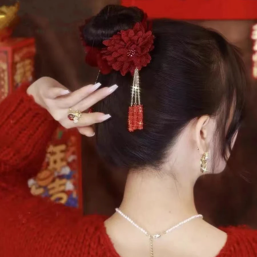 秋冬红色吉祥花流苏爆竹丸子头发饰高级感后脑勺半扎发抓夹发卡女