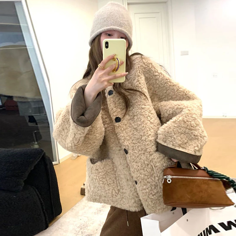 2025秋冬女新款仿羊羔毛宽松休闲外套圆领加厚皮毛一体仿皮草大衣