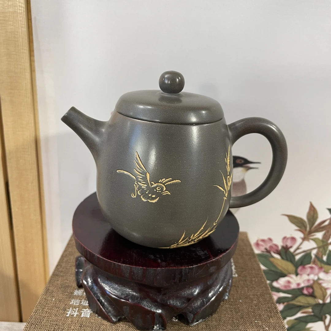 广西钦州坭兴陶淡若清风天青泡茶壶手制宽口茶具雕刻精美纯手工