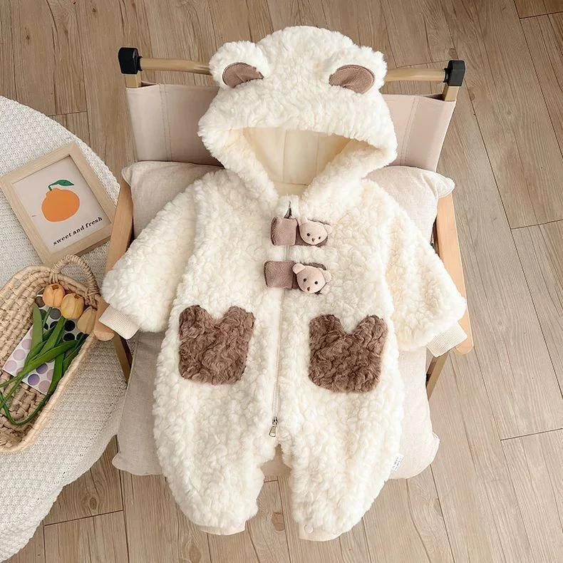 婴儿衣服冬装男女宝宝连体衣加绒加厚毛毛衣保暖外出防风外套抱衣