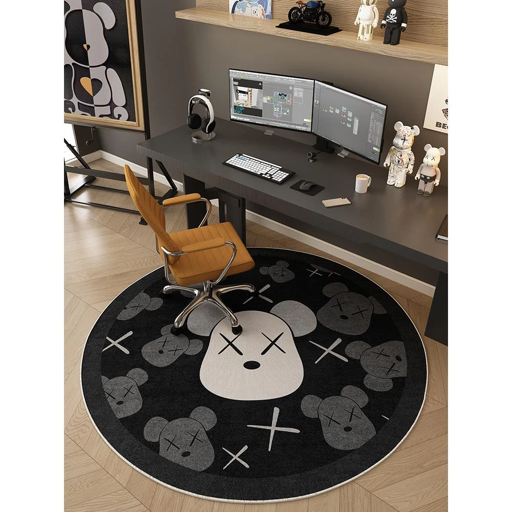黑色圆形地垫电脑转椅地毯网红暴力熊儿童房书房书桌椅子静音脚垫