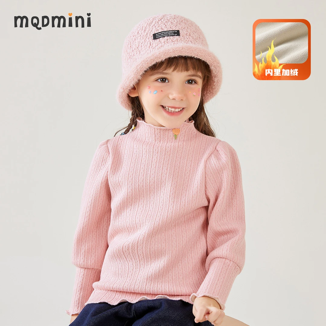 MQDmini童装女童加绒打底衫冬季中小童花边半高领上衣YFW