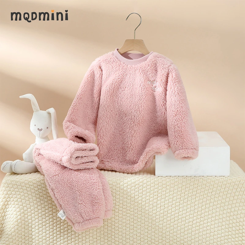 MQD童装女童睡衣加绒加厚秋冬双面加绒中小童保暖家居服套YFW