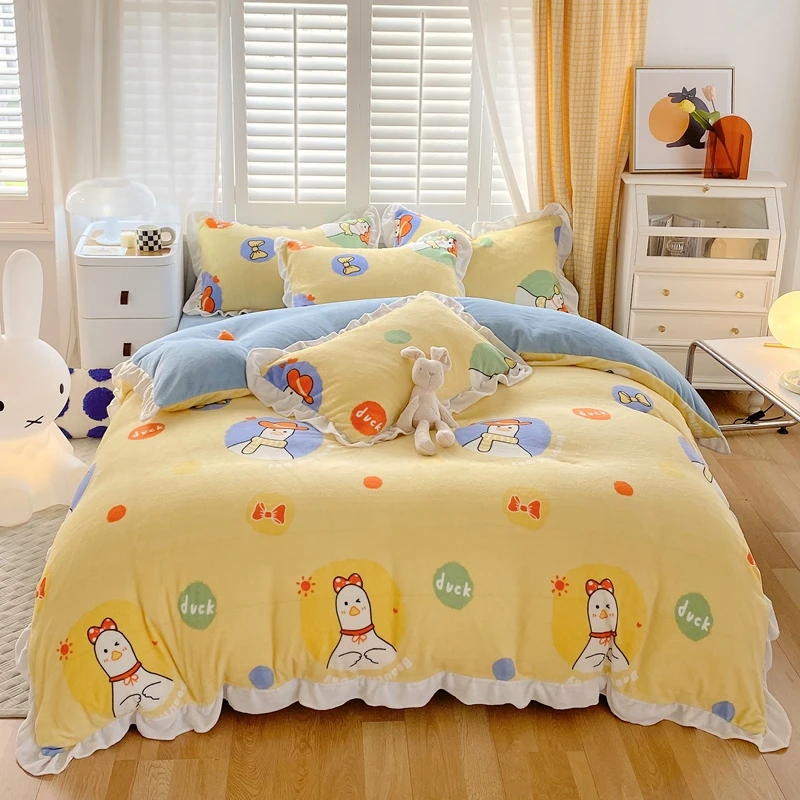 韩版花边款冬季加厚牛奶绒四件套仙女风双面绒保暖被套法莱绒床单