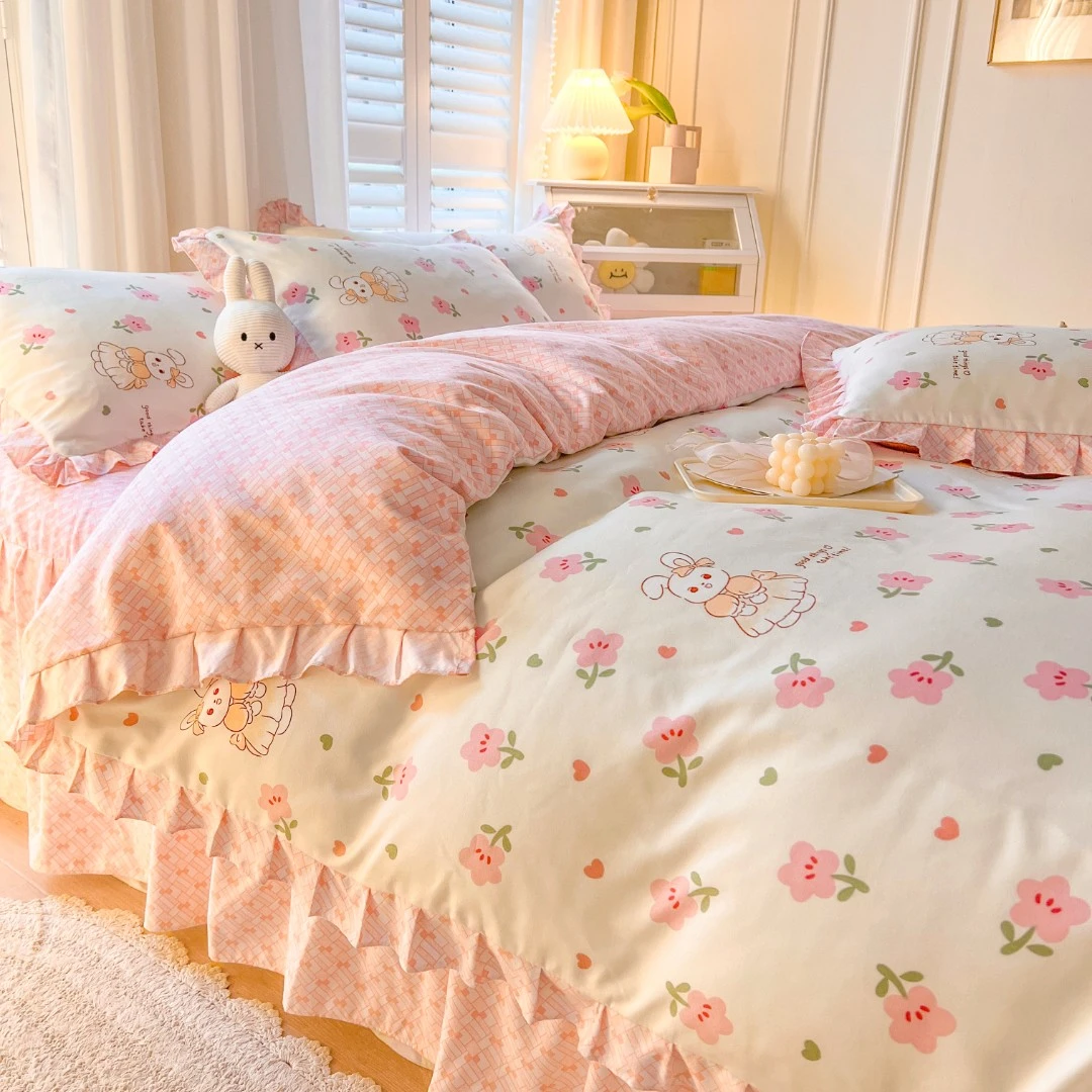 韩版公主风床裙款四件套花边款套件四季工艺款被套被罩套宿舍床单