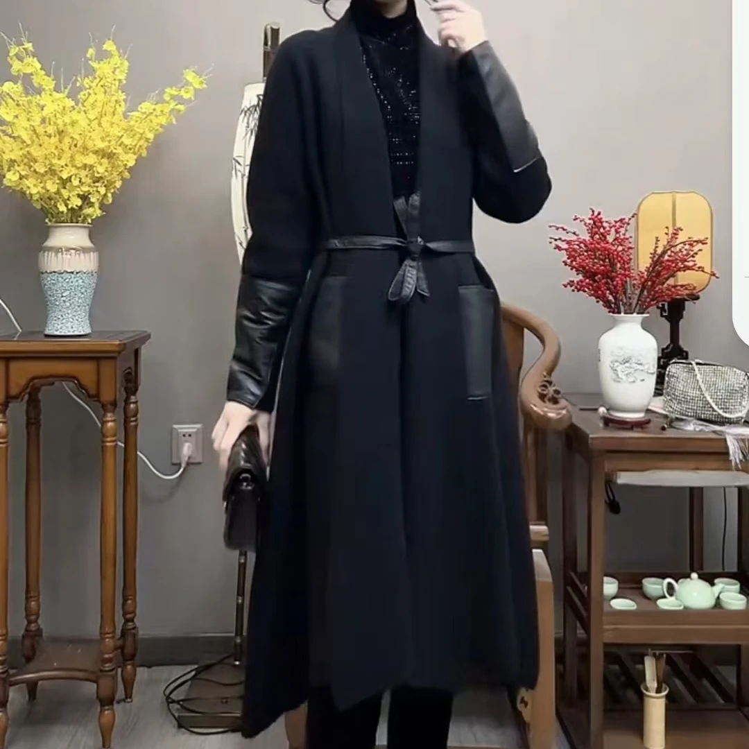 2024秋季重工时尚洋气宽松气质百搭针织呢子拼接PU中长款外套大衣
