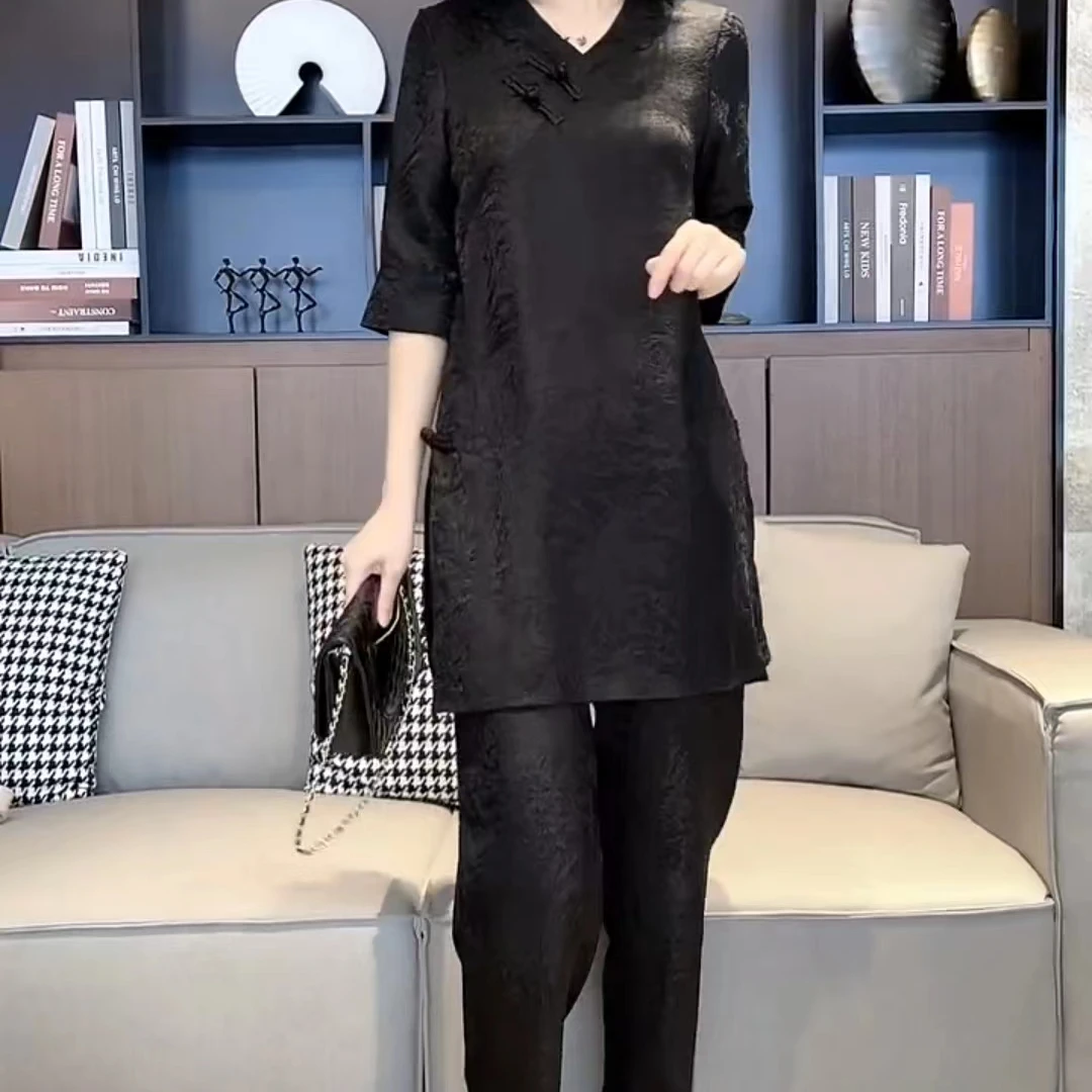 2024夏季爆款时尚洋气遮肉显瘦重工提花新中式气质上衣裤子两件套