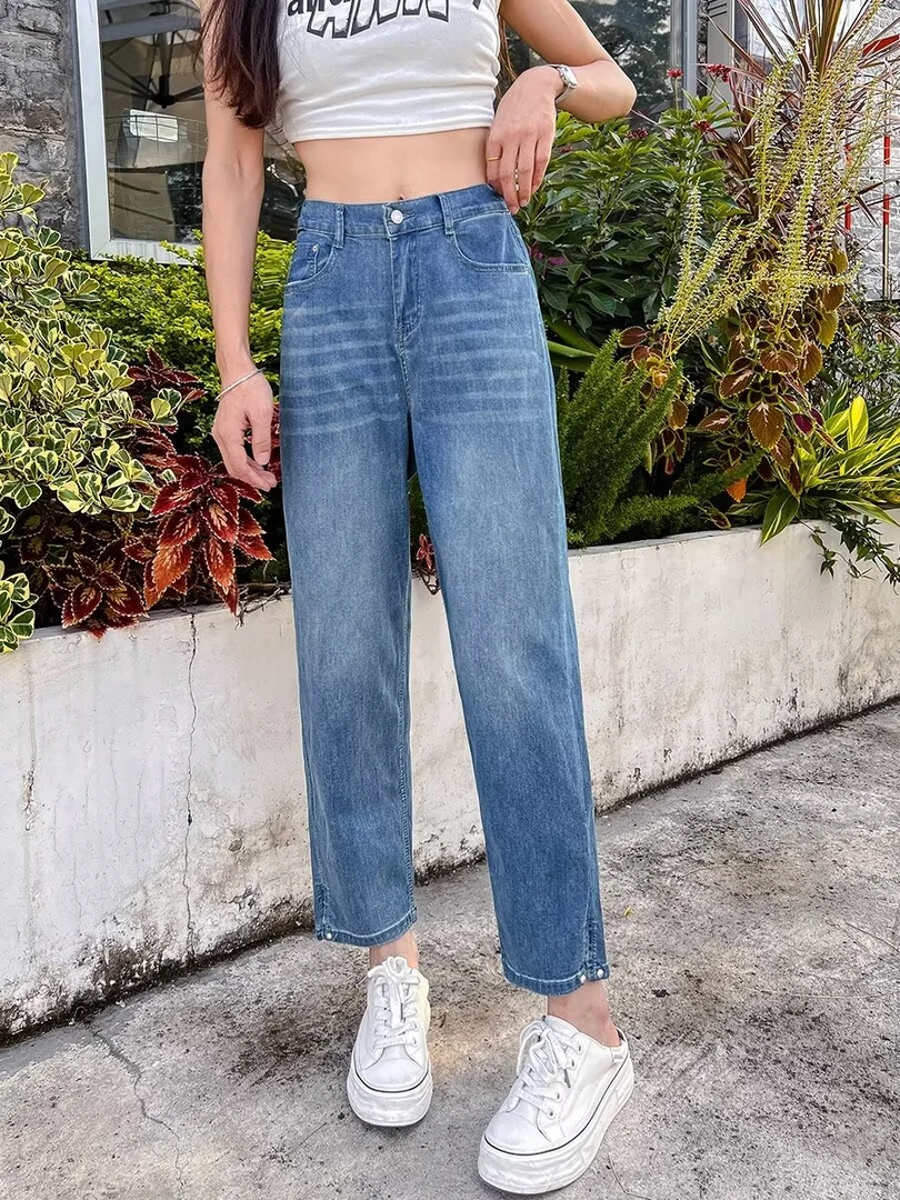 大码女装夏季胖mm宽松高腰软牛仔薄款高弹力蓝色八分牛仔裤子女