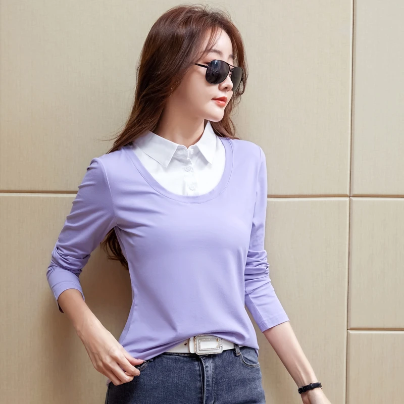 翻领假两件春秋长袖t恤韩版气质百搭撞色衬衫领95棉减龄女士上衣