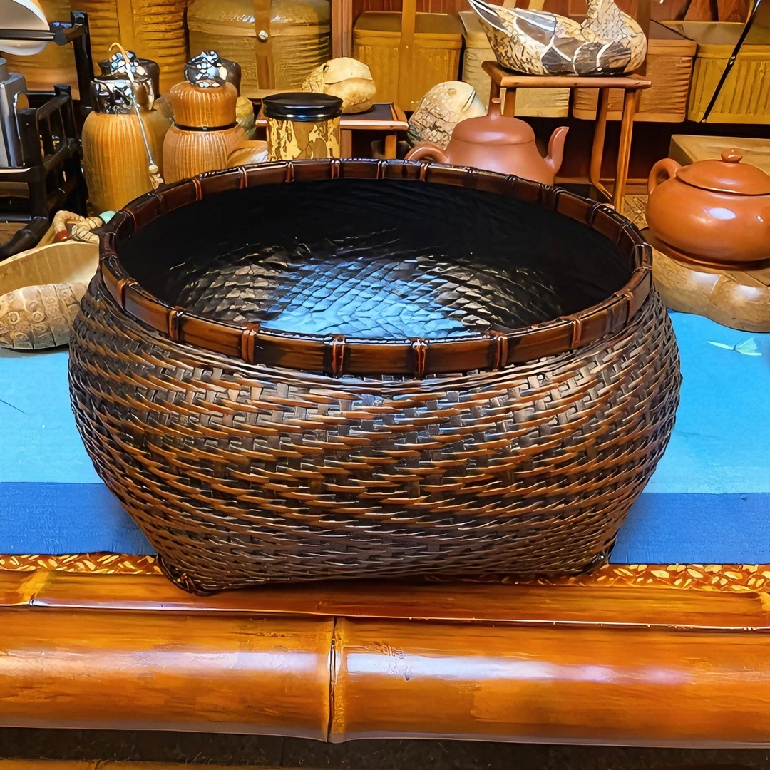 仿古做旧竹编炭盒，手工编织，大漆工艺