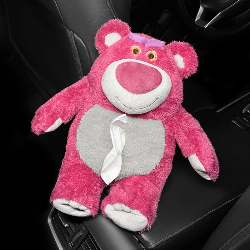 创意车载纸巾盒草莓熊毛绒公仔卡通可爱车载抽纸盒悬挂玩偶纸巾抽