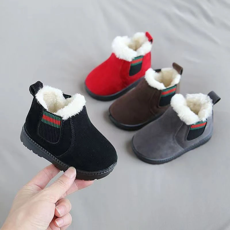 冬季新款纯色儿童雪地靴防滑防水男童加绒婴儿鞋儿童棉鞋小孩冬鞋