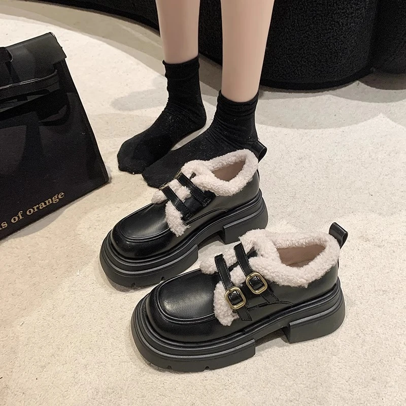 回力瑞英伦风厚底乐福单鞋女外穿2023秋冬新款方头毛毛加绒小皮鞋