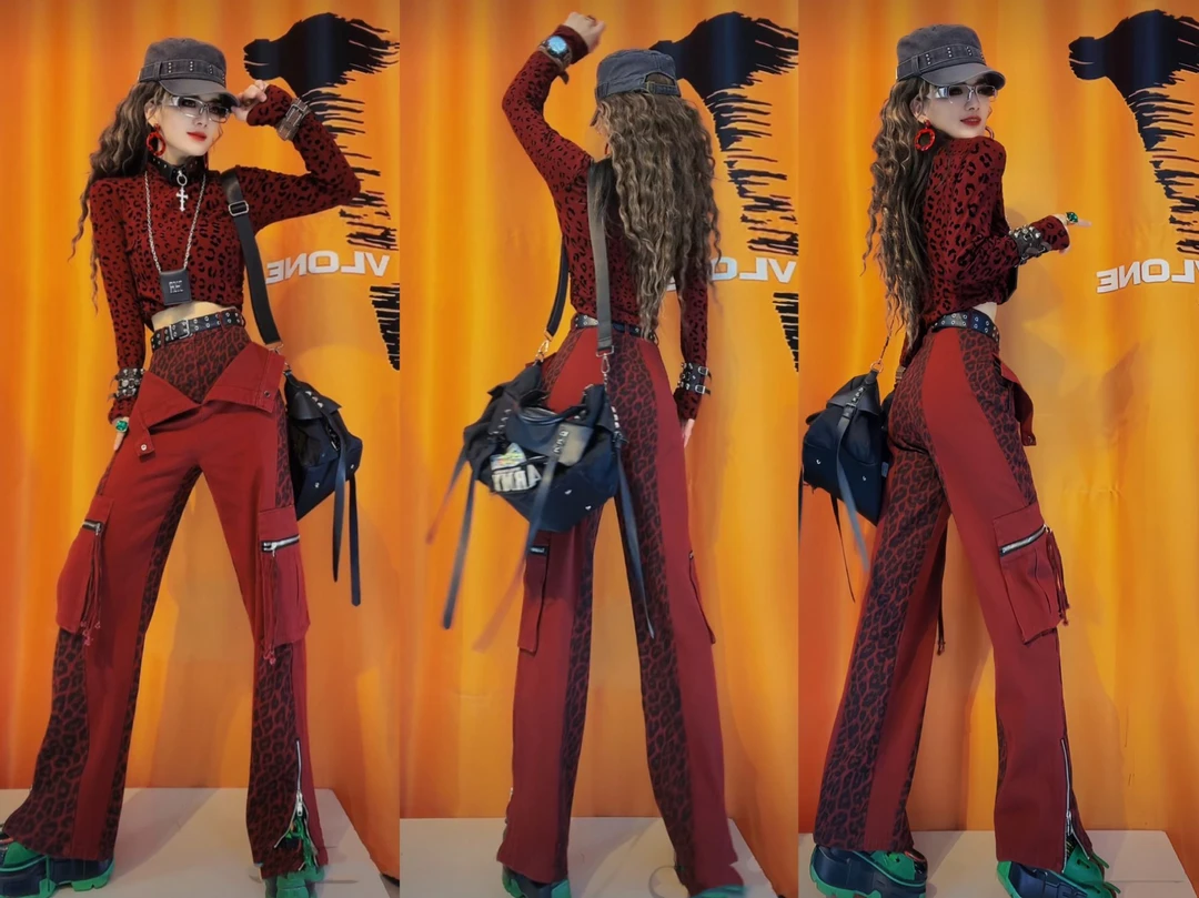 2024拼接假两件复古高街工装裤女高腰阔腿宽松显瘦拖地牛仔裤