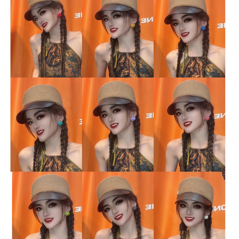 非金属树脂耳饰 复古彩色奶油线条椭圆形耳钉韩国气质夸张耳环