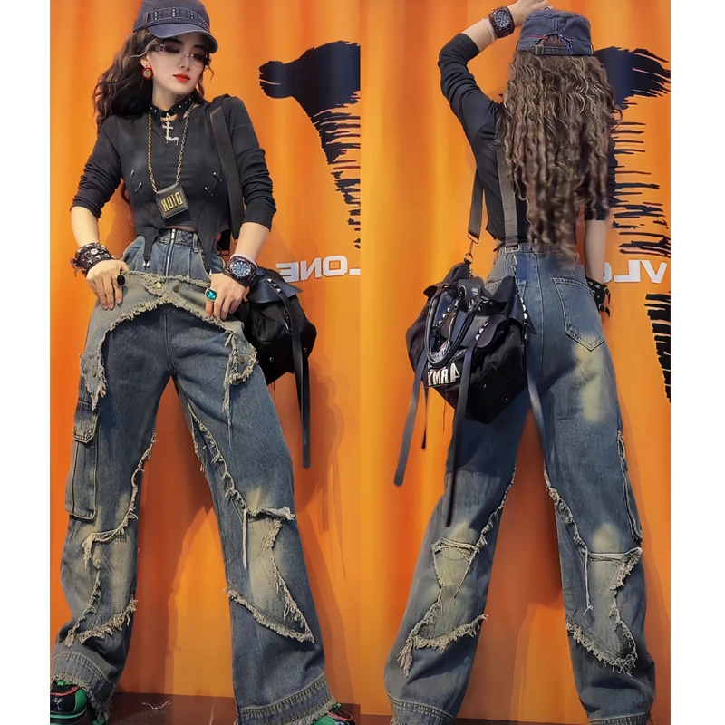美式复古街头五角星毛边设计牛仔裤女做旧水洗阔腿长裤工装裤子潮