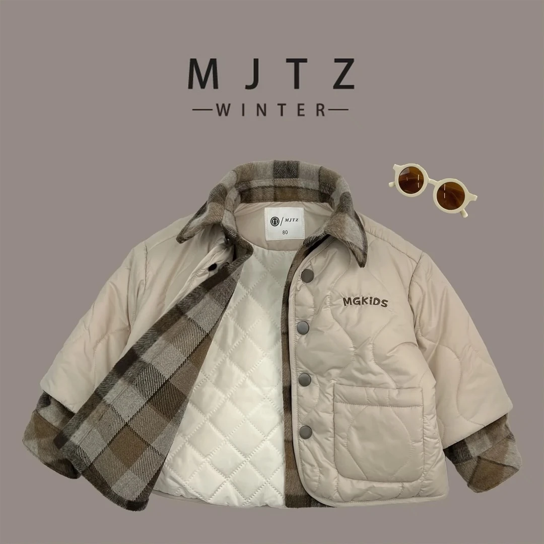 儿童加厚2024冬季新款时尚潮酷设计师款上衣绗棉加厚假两件外套潮
