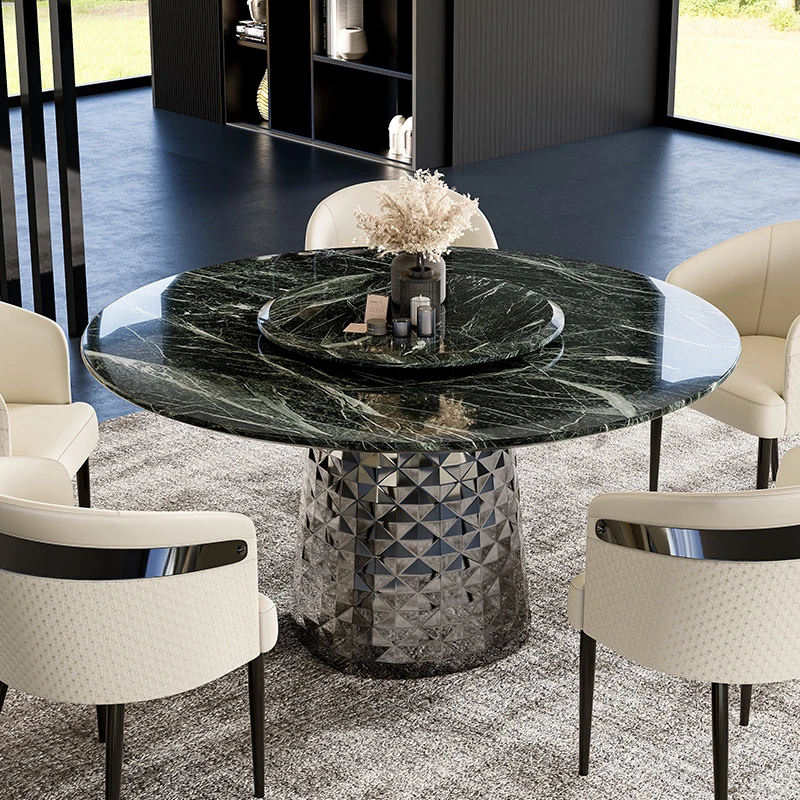 天然奢石餐桌转盘圆桌高级感大理石餐桌高端别墅餐桌【达人】