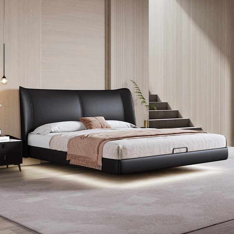 【索伦床】意式极简真皮床悬浮主卧大床黑色软包床双人婚床【达人】