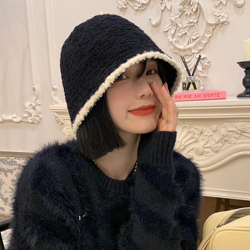 黑色针织毛绒渔夫帽女秋冬季2022新款大头围水桶帽日系显脸小帽子