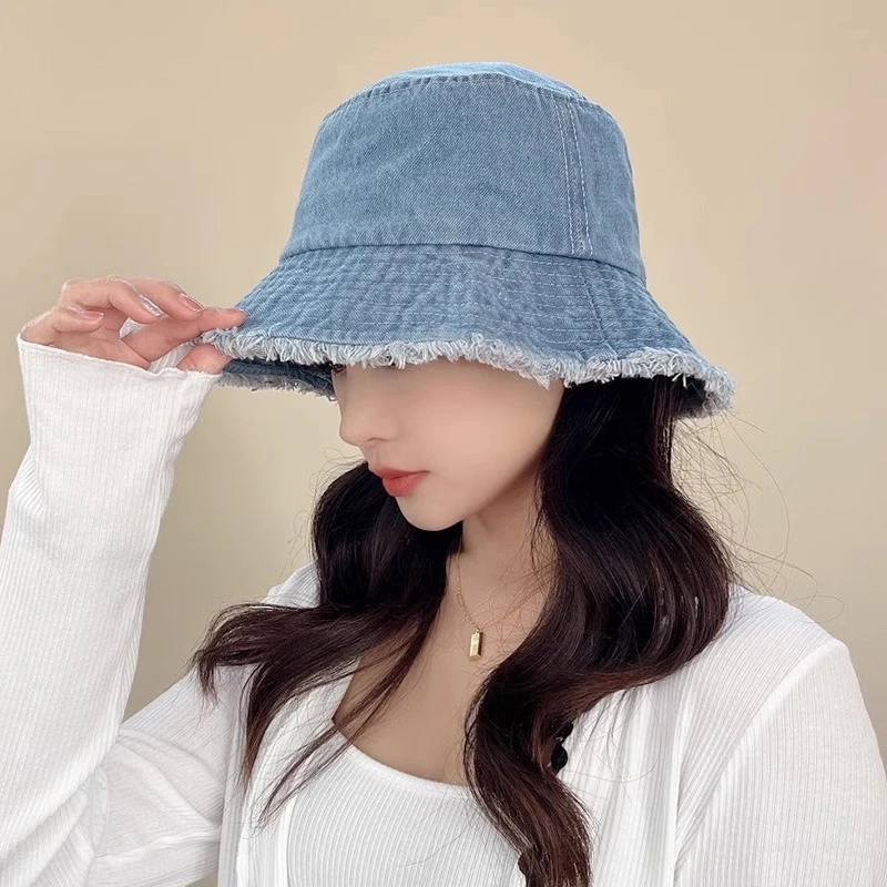 韩版ins复古毛边牛仔渔夫帽女显脸小遮阳帽子春夏纯色防晒盆帽男