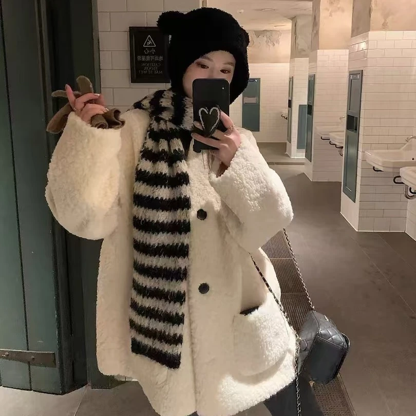 2024新款韩系皮毛一体羊羔毛外套女冬季宽松加厚保暖毛毛上衣