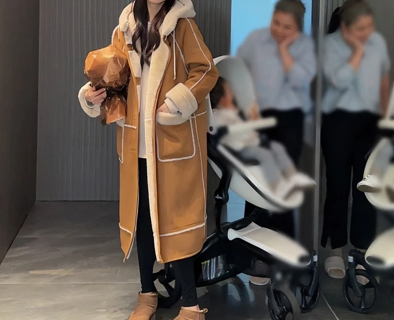 2024冬季新款加厚连帽毛毛绒拼接皮毛一体宽松外套女长款大衣