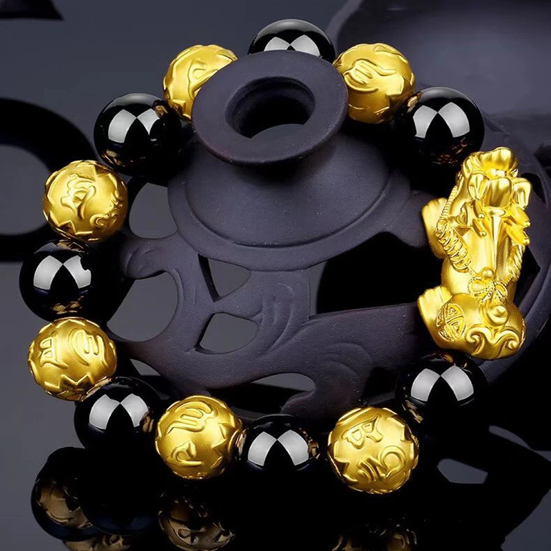 正品999足金貔貅手链3D硬金转运珠六字真言手串男士款 大号貔貅男