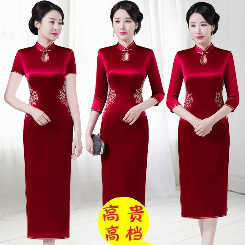 高端醋酸缎刺绣旗袍连衣裙复古中国风显瘦年轻喜婆婆妈妈婚宴礼服