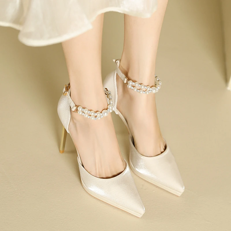 尖头细跟高跟鞋女一字带包头珍珠高跟凉鞋女防水台单鞋