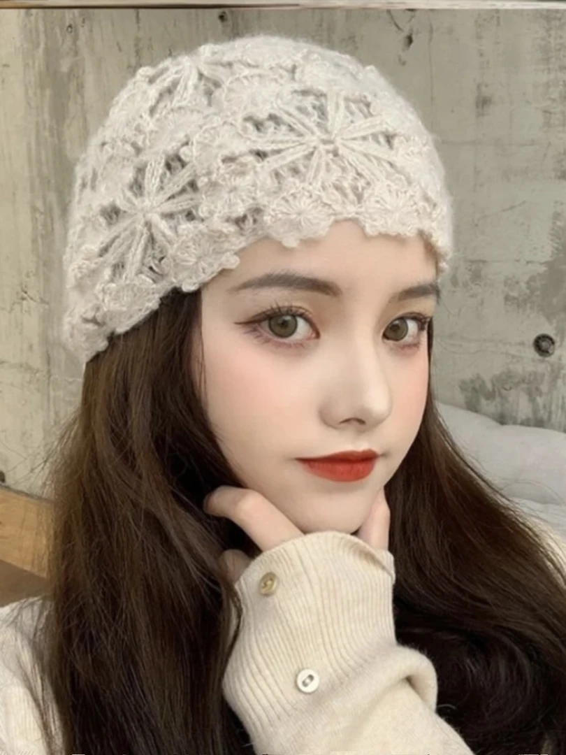 日系小众文艺蕾丝花朵镂空包头帽女甜美时尚保暖针织毛线帽瓜皮帽
