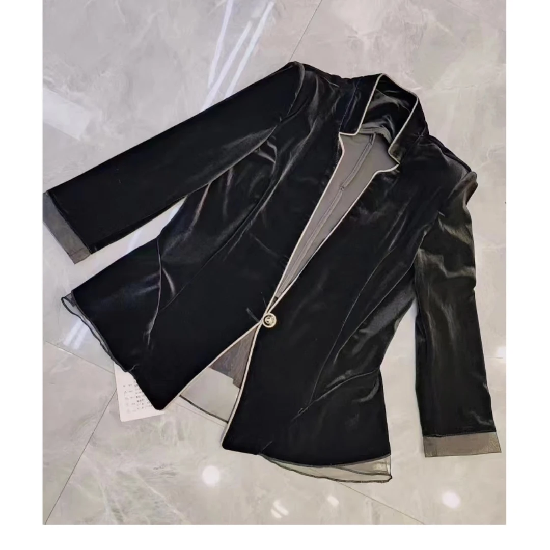 新款气质立领收腰七分袖丝绒感小西装