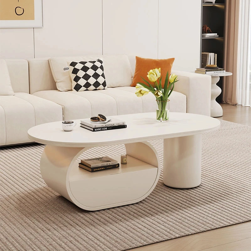 茶几奶油岩板北欧网红带柜现代椭圆形个性小户型家用简约客厅高级