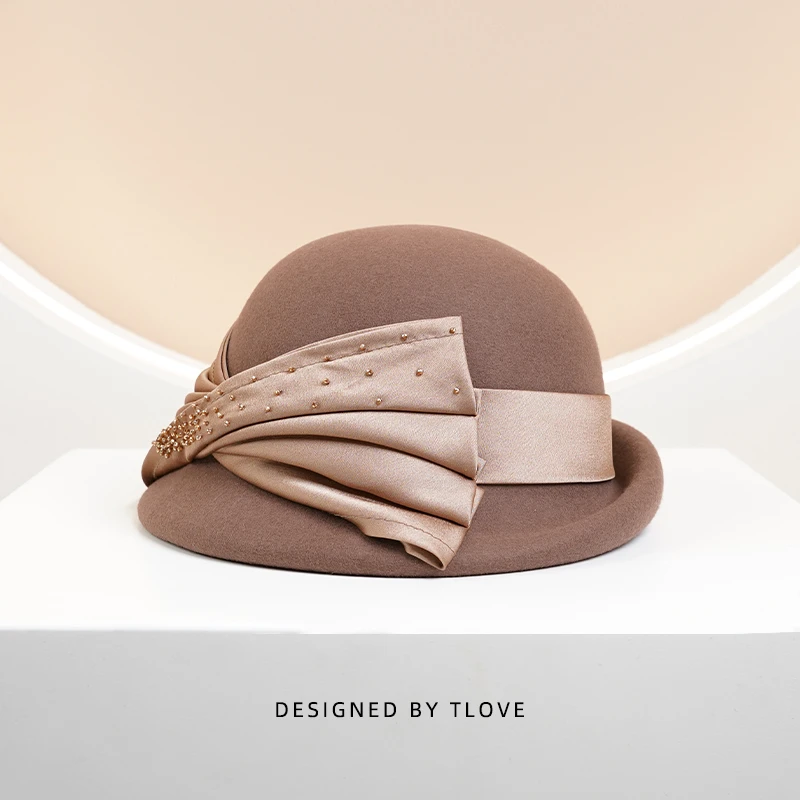9527+tlove时尚出游逛街蝴蝶结钉珠装饰纯羊毛礼帽