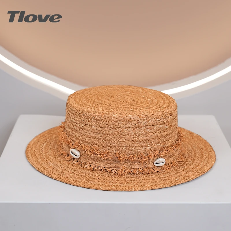 4963+tlove春夏新款拉菲草帽子网红平顶女编织草帽复古度假遮阳帽